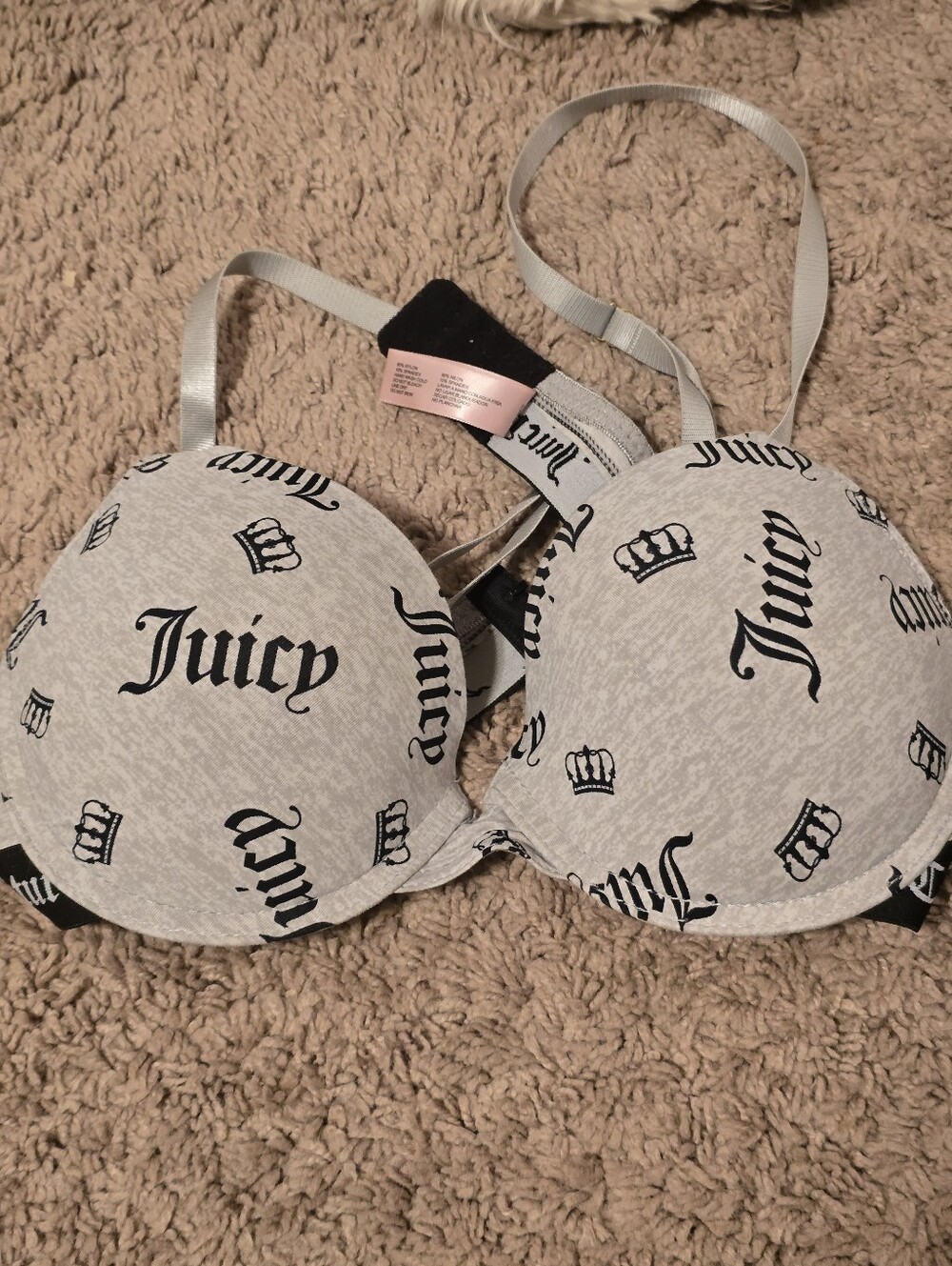 Juicy Couture Gray Black Logo Monogram Push Up Bra 34B
